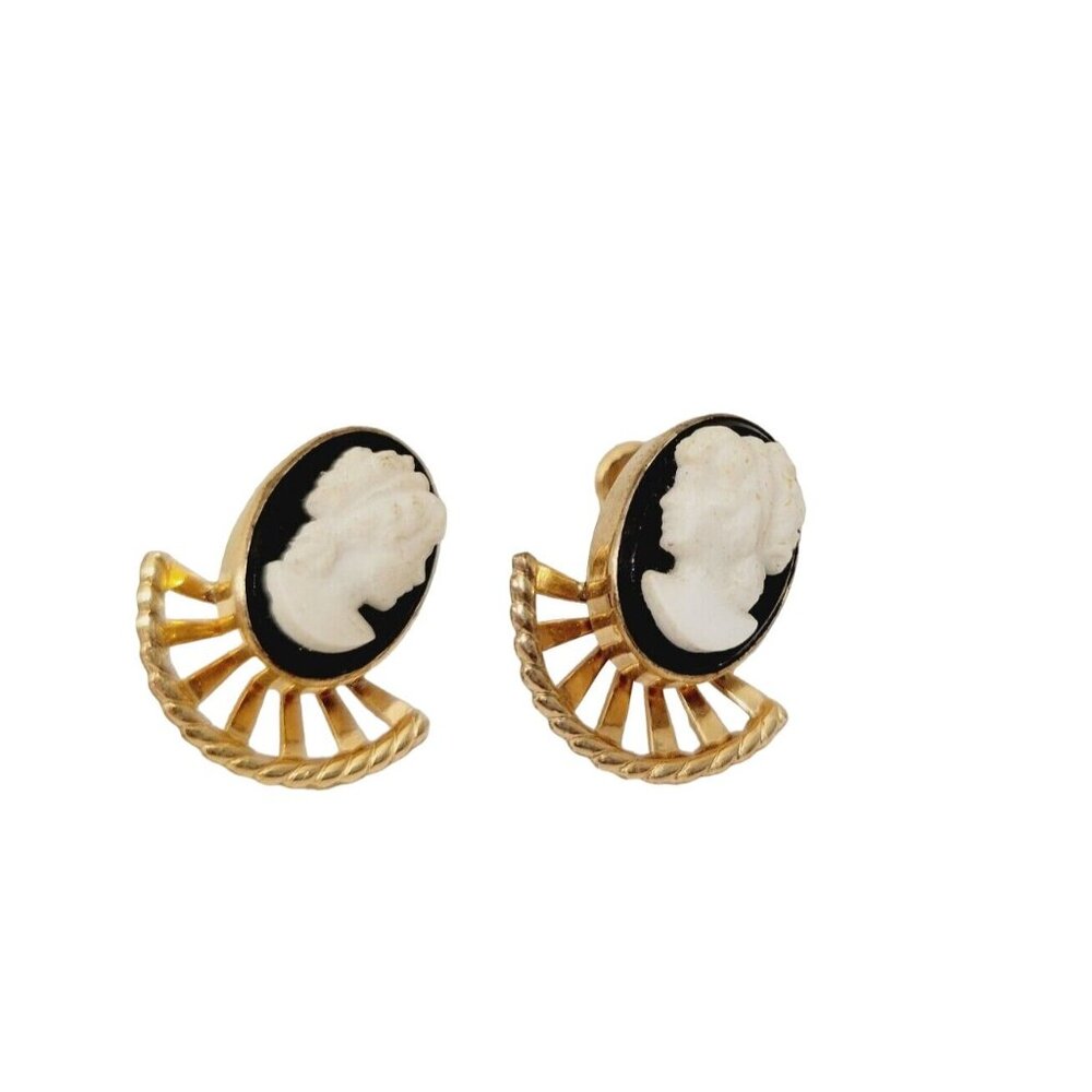 Vtg Van Dell 12K GF Black & White Cameo Screw-Back Earrings